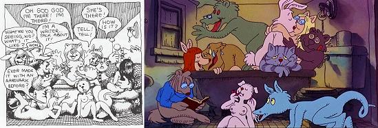 El gato Fritz: la escena de la orgía en la bañera en el cómic de Robert Crumb y en la película de Ralph Bakshi