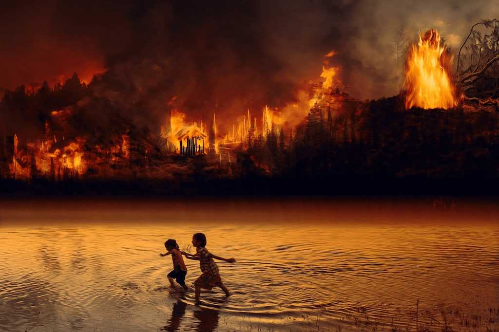 Niños corren ante un incendio en el Amazonas.