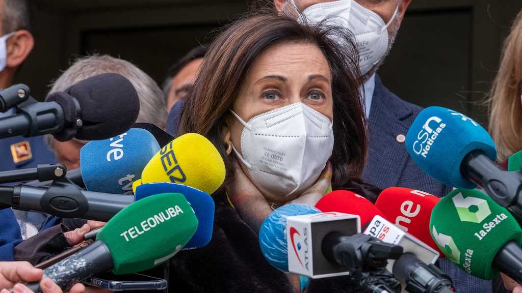 La ministra Margarita Robles, en una comparecencia ante los medios para hablar sobre Ucrania.