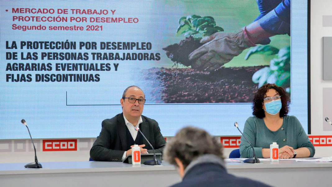 El secretario de Políticas públicas y protección social de CCOO, Carlos Bravo, y Hortensia García, técnica de la Secretaría