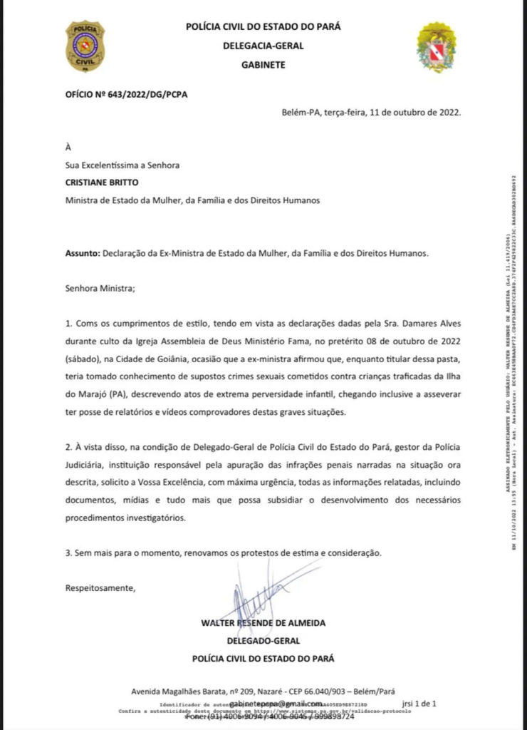 Oficina de la Policía Civil pide pruebas sobre las denuncias de Damares sobre presuntos delitos en la isla de Marajó — Foto: Policía Civil de Pará