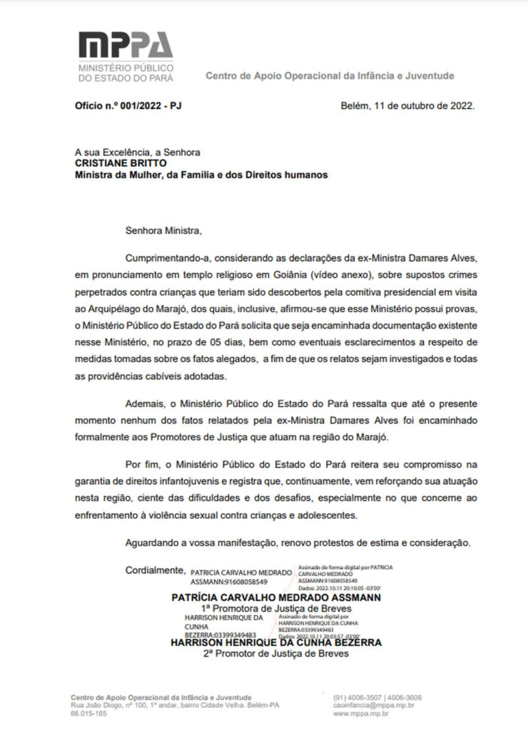 Oficina del Ministerio Público de Pará que pide al gobierno de Bolsonaro pruebas sobre acusaciones de Damares Alves de presuntos delitos en Ilha do Marajó – Foto: Ministerio Público de Pará